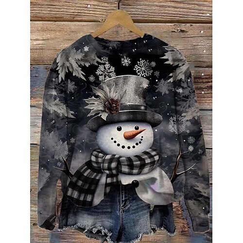 

Femme Sweat Sweat-shirt de Noël Vêtement de sport Festival Imprimer Noir Bonhomme de neige Motif de flocon de neige Soirée Noël Col Rond manche longue haut Micro-élastique Automne hiver