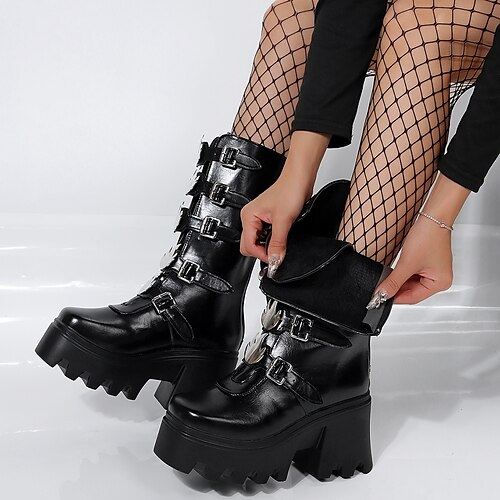 

Femme Bottes Bottes de plate-forme Bottes de Combat Grandes Tailles Soirée Halloween du quotidien Doublé en Polaire Bottes mi-mollet Boucle Hauteur de semelle compensée Bout rond Punk Polyuréthane