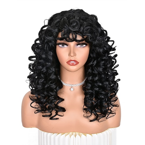 

Perruques bouclées noires pour femmes noires, perruque afro longue et bouclée avec frange pour femmes, gros cheveux rebondissants et moelleux en fibre synthétique sans colle pour cosplay et perruques