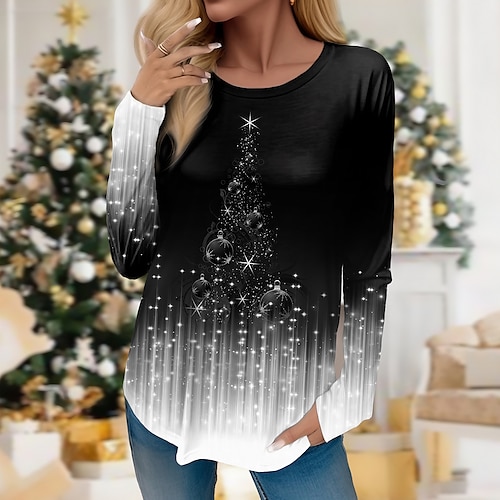 

Mujer Camiseta Camisa de Navidad Árbol de Navidad Negro Rojo Azul Piscina Estampado Manga Larga Navidad Fin de semana Festival / Vacaciones Escote Redondo Ajuste regular Primavera Otoño