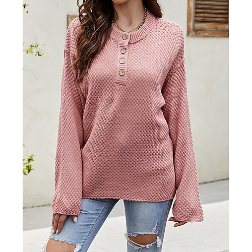 

Damen Pullover Rundhalsausschnitt Waffel Stricken Acryl Taste Herbst Winter Standard Outdoor Täglich Ausgehen Stilvoll Brautkleider schlicht Weich Langarm Feste Farbe Rosa Wein Beige S M L