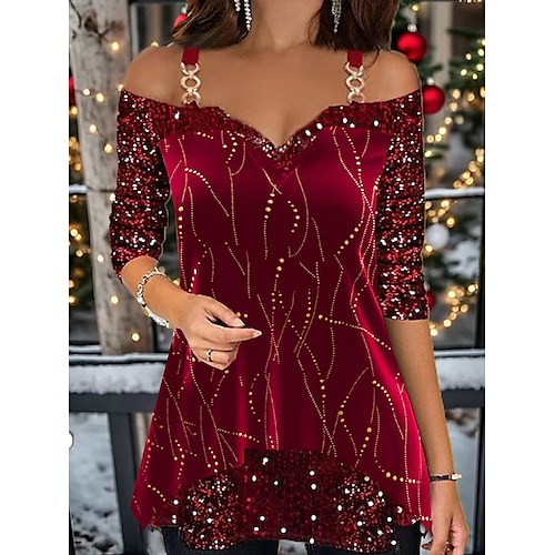 

Women's Shirt T shirt Tee Blouse Christmas Shirt Velvet Striped Sparkly Cold Shoulder Wine Gold Print Sequins Long Sleeve Party Christmas Weekend Festival / Holiday V Neck Regular Fit Spring & Fall