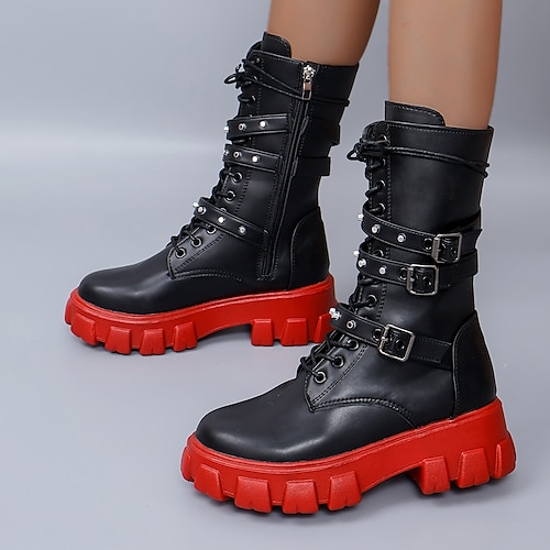 

Women's Boots Platform Boots Combat Boots Plus Size Party Outdoor Daily Mid Calf Boots Flat Heel Round Toe Punk Fashion Casual Faux Leather Zipper Black