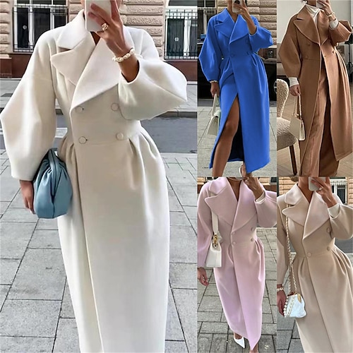 

Women's Coat Windproof Warm Outdoor Street Shopping Daily Wear Button Double Breasted Turndown Elegant Fashion Lady Modern Solid Color Regular Fit Outerwear Long Sleeve Fall Winter Black White Pink S