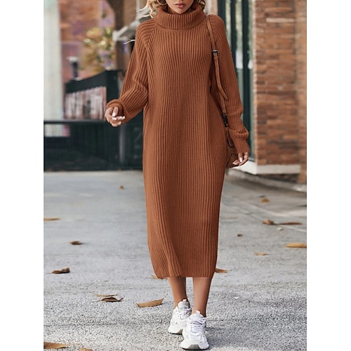 

Mulheres Vestido de moletom Gola Alta Estriado Tricotar Acrílico Superdimensionado Outono Inverno Longo Ao ar livre Diário Para Noite à moda Casual Macia Manga Longa Côr Sólida Preto Marron Bege XS S