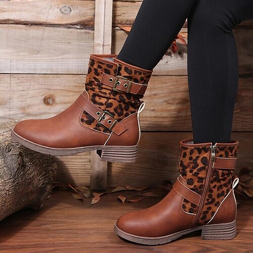 

Mujer Botas Tallas Grandes Exterior Diario Botines Botines Hebilla Tacón Cuadrado Dedo redondo Vintage Elegante Casual PU Mocasín Bloque de color Leopardo Negro Marrón