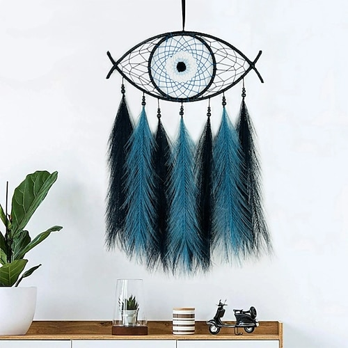 

Devil's Eyes Dream Catcher Handmade Gift Black and Blue Feather Blue Eyes Hook Flower Wind Chime Ornament Wall Hanging Decor