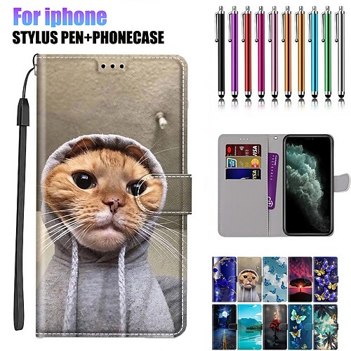 

Phone Case For iPhone 15 Pro Max iPhone 14 13 12 11 Pro Max Plus Wallet Case with Lanyard Kickstand Card Slot Cat Butterfly Scenery TPU PU Leather