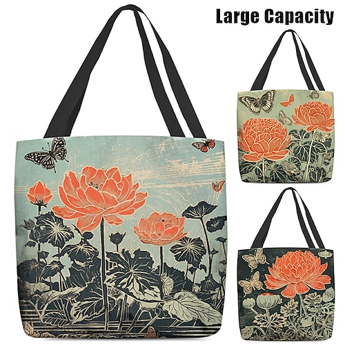 

Women's Tote Shoulder Bag Canvas Tote Bag Polyester Outdoor Shopping Daily Print Large Capacity Foldable Lightweight Flower Black Blue Green