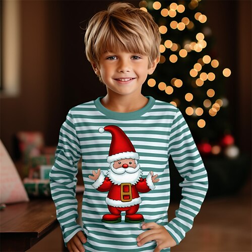 

Natal Para Meninos 3D Papai Noel Listra Camiseta Camisa Manga Longa Impressão 3D Outono Inverno Esportes Moda Roupa de rua Poliéster Infantil 3-12 anos Gola Redonda Ao ar livre Casual Diário Normal