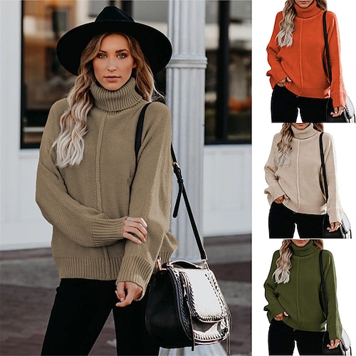 

Pull Femme A côtes Tricoter Col Roulé Acrylique Tricoté Automne Hiver Normal Extérieur du quotidien Sortie mode Décontractées Flexible manche longue Couleur unie Noir Rouge Vert S M L