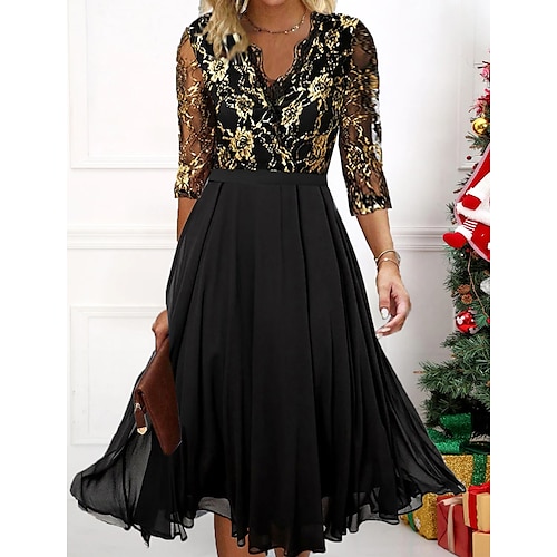 

Women's Party Dress Lace Dress Cocktail Dress Midi Dress Black 3/4 Length Sleeve Pure Color Lace Spring Fall Winter V Neck Fashion Wedding Guest Vacation 2023 S M L XL XXL 3XL