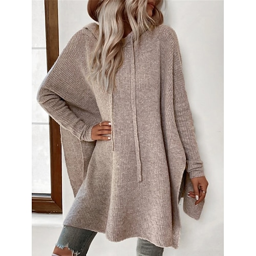 

Damen Pullover Kleid V Ausschnitt Gerippt Stricken Acryl Gespleisst überdimensional Mit Kapuze Herbst Winter Lang Outdoor Täglich Festtage Stilvoll Brautkleider schlicht Weich Langarm Feste Farbe