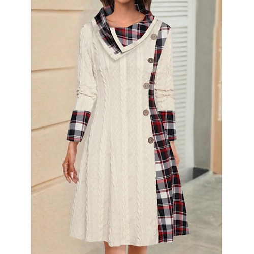 

Women's Casual Dress Sheath Dress Plain Dress Midi Dress Patchwork Button Daily Date Going out Active Fashion Lapel Long Sleeve 2023 Regular Fit Black Khaki Beige Color S M L XL XXL Size