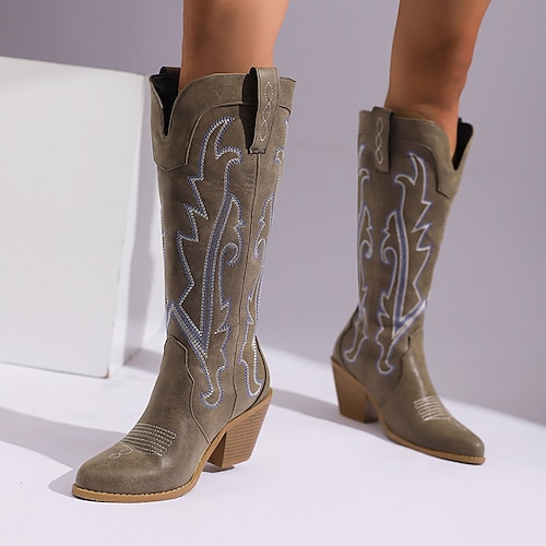 

Mujer Botas Botas cowboy Tallas Grandes Fiesta Exterior Diario Botas hasta la rodilla Invierno Bordados Tacón Cuadrado Dedo Puntiagudo Vintage Moda Bohemia PU Mocasín Bordado Negro Amarillo Marrón