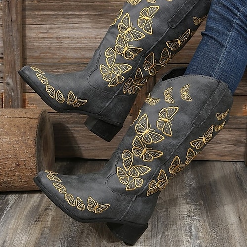 

Femme Bottes Bottes Cow boy Grandes Tailles Extérieur du quotidien Bottes mi-mollet Broderie Talon bloc Talon Bottier Bout rond Rétro Vintage Elégant Marche Polyuréthane Mocassins Floral Brun fonc