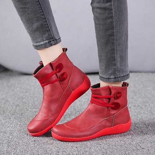 

Damen Stiefel Übergrössen Komfort Schuhe Outdoor Täglich Stiefeletten Stiefeletten Flacher Absatz Runde Zehe Elegant Plüsch Brautkleider schlicht Kunstleder Schnürsenkel Feste Farbe Schwarz Rot