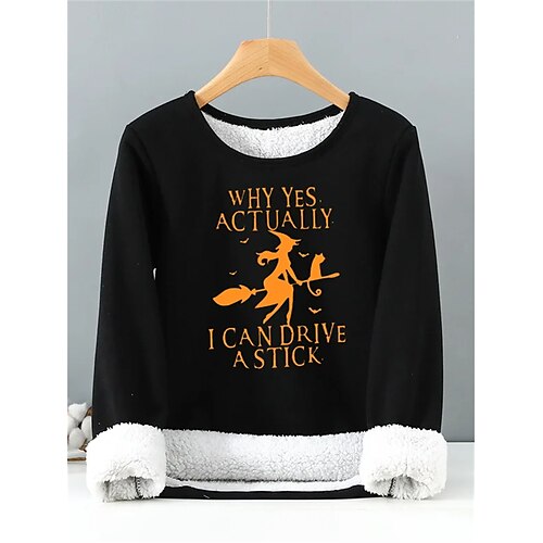 

Damen Halloween Sweatshirt Zur Seite fahren Vlies Teddy Fuzzy Schwarz Buchstabe Hexe Party Weihnachten Rundhalsausschnitt Langarm Oberteil Mikro-elastisch Herbst Winter