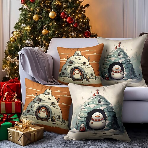 

Doppelseitiger Kissenbezug mit Weihnachts-Iglu-Schneemann, 4 Stück, weich, dekorativ, quadratisch, Kissenbezug für Schlafzimmer, Wohnzimmer, Sofa, Couch, Stuhl