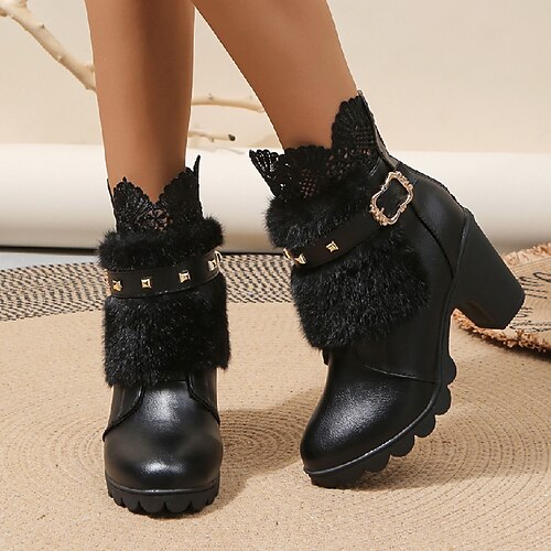 

Mujer Botas Tallas Grandes Botas de tacon Fiesta Navidad Diario Forrado con Lana Botines Botines Hebilla Tacón Cuadrado Dedo redondo Moda Sensual Casual Cuero Sintético Mocasín Color sólido Negro