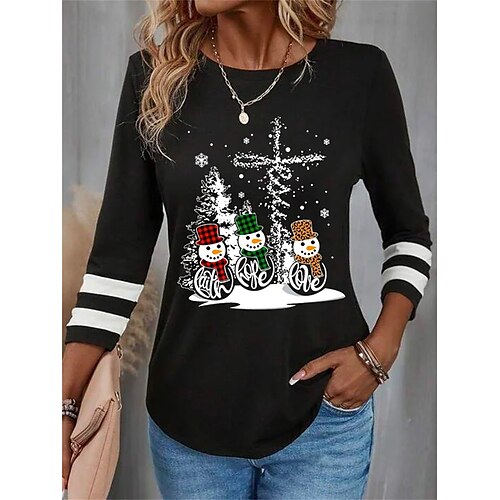 

Christmas Shirt Women's T shirt Tee Snowman Christmas Tree Black Red Blue Print Long Sleeve Party Christmas Weekend Festival / Holiday Round Neck Regular Fit Spring Fall