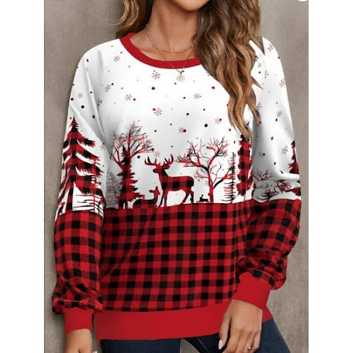 

Women's Pullover Christmas Sweatshirt Plaid Reindeer Sportswear Festival Black Wine Red Party Christmas Round Neck Long Sleeve Top Micro-elastic Fall Winter