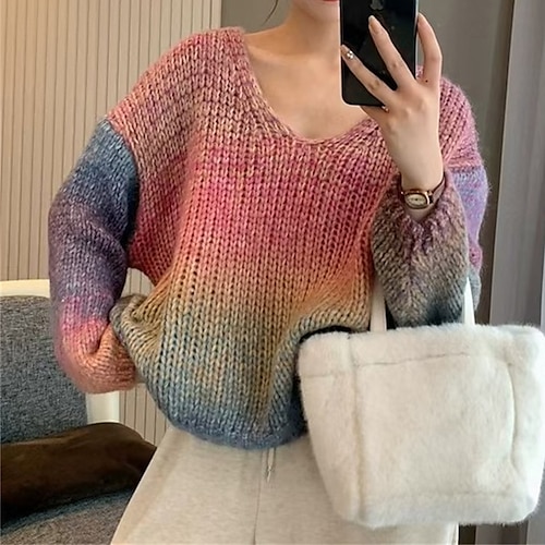 

Women's Pullover Sweater Jumper V Neck Crochet Knit Polyester Knitted Fall Winter Regular Outdoor Daily Holiday Fashion Streetwear Casual Long Sleeve Color Block Color Gradient Yellow Pink Fuchsia