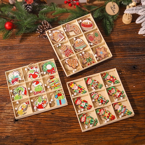 

18 pièces pendentif de noël en bois à 9 grilles, ornement de figurine en pain d'épice elfe grinch.