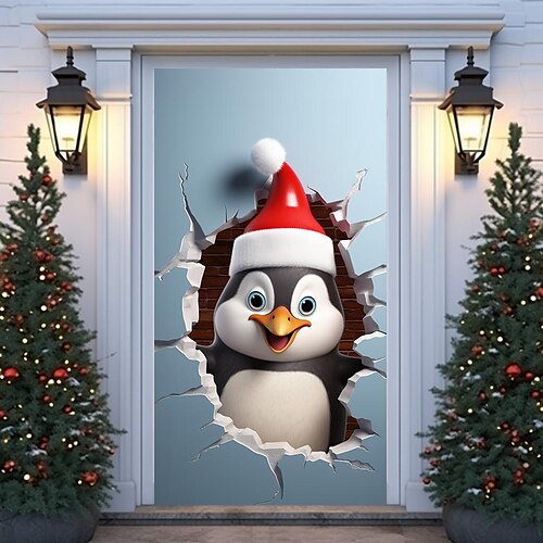 

Navidad animal pingüino pared rota cubiertas de puerta decoración de Navidad telón de fondo puerta banner para puerta de entrada casa de campo suministros de decoración para fiesta navideña