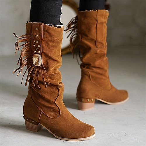 

Women's Boots Cowboy Boots Plus Size Cowgirl Boots Outdoor Daily Mid Calf Boots Tassel Block Heel Chunky Heel Pointed Toe Vintage Minimalism Industrial Style Faux Suede Loafer Black Brown Khaki