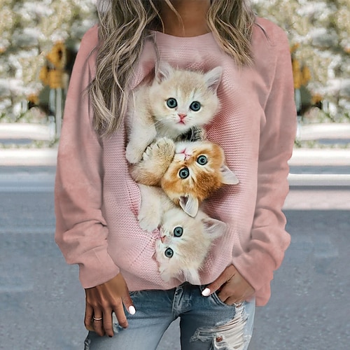 

Mulheres Estacionar Gato Ativo Roupa de Esporte Imprimir Rosa Casual Esportes Decote Redondo Manga Longa Top Micro-Elástica Outono inverno