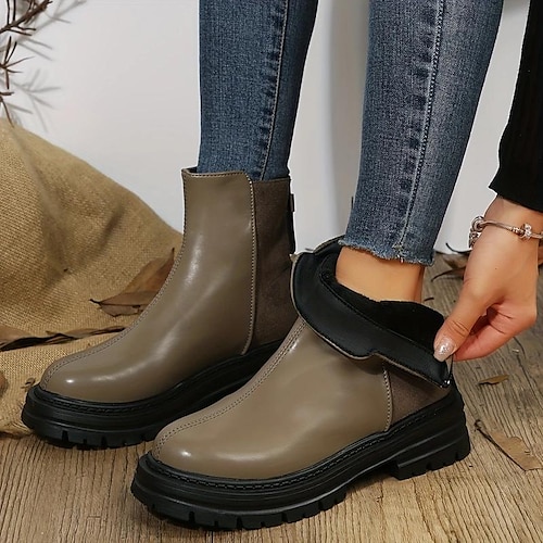 

Mulheres Botas Botas com salto Tamanhos Grandes Diário Forrada com Fleece Botas Botas Tornozelo Inverno Plataforma Ponta Redonda Casual Conforto Couro Ecológico zíper Bloco de cor Preto Cáqui