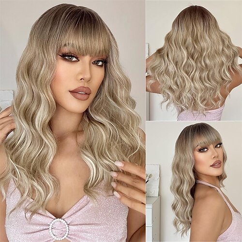 

perruque blonde avec frange perruque blonde sale pour les femmes longue ondulée bouclée ombre perruque fibre résistante à la chaleur perruque synthétique pour une utilisation quotidienne de fête