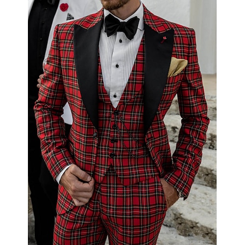 

Costume Homme Mariage Ensemble de 3 pièces Noir Rouge Ecossais à Carreaux Coupe Sur-Mesure Droit un bouton 2023