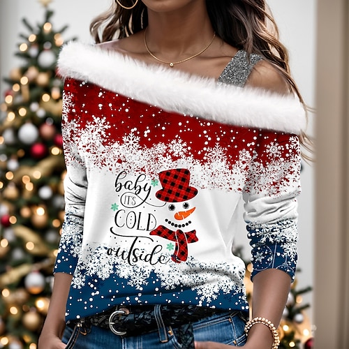 

Camisa de Natal Mulheres Blusa Boneco de Neve Floco de Neve Vermelho Imprimir Manga Longa Natal Casual Festival / feriado gola de pele Normal Primavera Outono