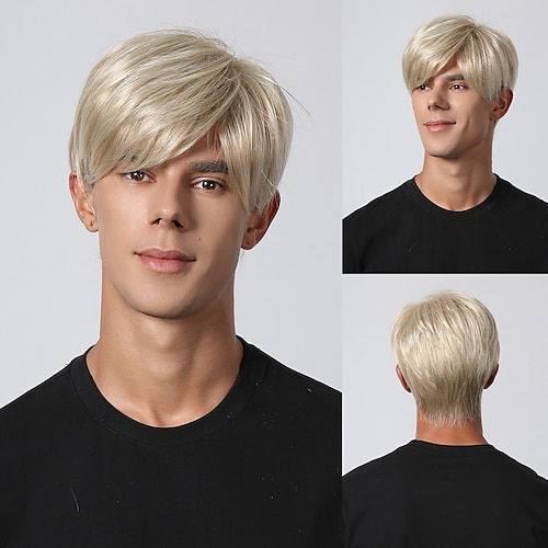 

perruque synthétique crépus droite partie médiane coupe de cheveux en couches perruque fabriquée à la machine 8 pouces cheveux synthétiques dorés clairs hommes cosplay fête mode blonde perruques de