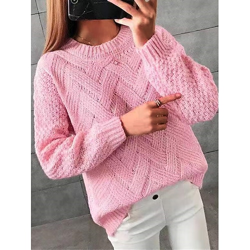 

Mulheres Pulôver suéter Gola Redonda Crochê Tricotar Algodão Patchwork Outono Inverno Padrão Ao ar livre Diário Para Noite à moda Casual Macia Manga Longa Côr Sólida Branco Rosa Verde Tamanho Único