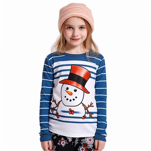 

Natal Para Meninas 3D Boneco de Neve Listra Camiseta Camisa Manga Longa Impressão 3D Outono Inverno Ativo Moda Estilo bonito Poliéster Infantil 3-12 anos Gola Redonda Ao ar livre Casual Diário Normal