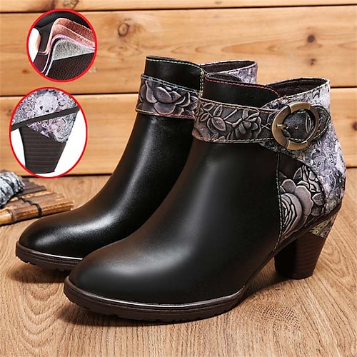 

Women's Boots Plus Size Handmade Shoes Daily Booties Ankle Boots Buckle Zipper Kitten Heel Pointed Toe Vintage Casual Comfort Leather Zipper Floral Black