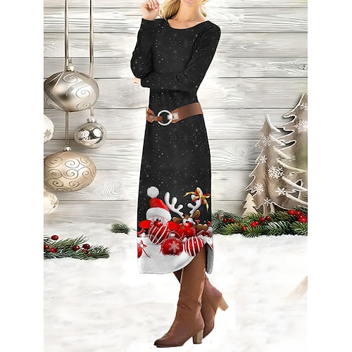 

Mujer Vestimenta casual Vestido de Navidad Vestido de invierno Papá Noel Venados Estampado Cuello Barco Vestido Midi Moda Ropa de calle Exterior Navidad Manga Larga Holgado Negro Vino Verde Trébol