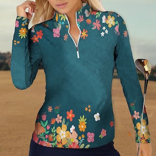 

Damen poloshirt Golfhemd Atmungsaktiv Schnelltrocknend Feuchtigkeitsableitung Langarm Golfbekleidung Golfkleidung Regular Fit 1/4 Reißverschluss Stehkragen Blumen Frühling Herbst Tennis Golfspiel