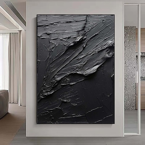  Handgefertigtes, rein schwarzes Strukturgemälde, handgemaltes Ölgemälde, Wandkunst, großes Gemälde, Spachtel, abstraktes Gemälde, handgemalte Acrylgemälde, Dekor, gerollte Leinwand