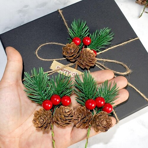 

10 Pcs Christmas Decoration Artificial Pine Branches Fake Plant Flower Christmas Pine Nuts Cone Christmas decorations Pine Branches Pine Needles Red Pine Nut Pendants DIY Gift Box Accessories