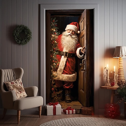 

Christmas Santa Opening Door Covers Xmas Decoration Backdrop Door Banner for Front Door Farmhouse Christmas Holiday Party Decor Supplies