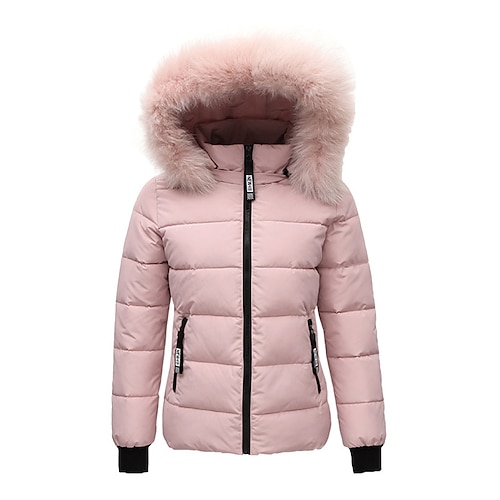

Women's Parka Cropped Puffer Jacket Winter Coat Zip up Hooded Coat with Fur Collar Thermal Warm Heated Coat Fall Brown Pink Outerwear with Pockets Warm Classic Long Sleeve