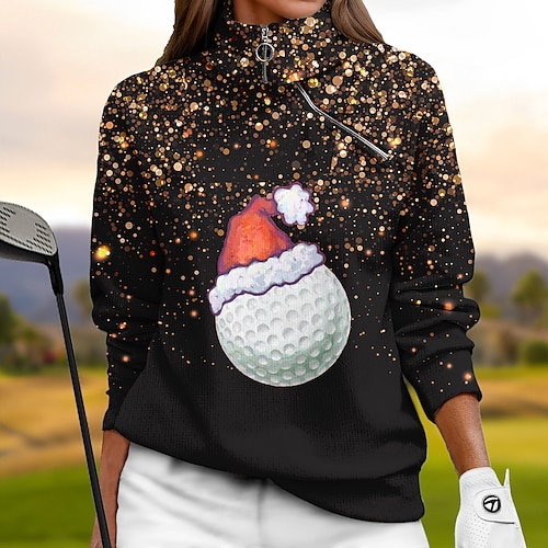 

Sudadera con capucha de golf para mujer, jersey de golf navideño, sudadera de golf, térmica, cálida, transpirable, absorbe la humedad, manga larga, ropa exterior de golf, ajuste regular, cremallera de 1/4, cuello alto, estampado, primavera, otoño, tenis,