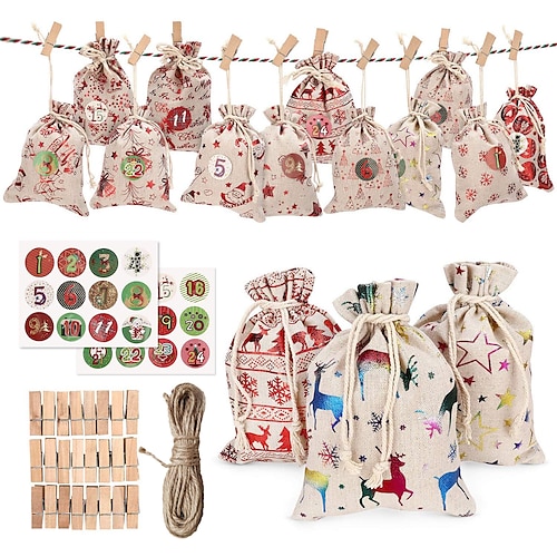 

Christmas Gift Bags Advent Calendar 2024,24 Days Hanging Advent Calendars Garland Candy Gift Bags with Wooden Clips Hemp Rope Drawstring