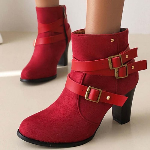 

Women's Boots Xmas Shoes Plus Size Heel Boots Party Outdoor Christmas Fleece Lined Booties Ankle Boots Cone Heel Chunky Heel Round Toe Vintage Fashion Elegant Faux Suede Zipper Solid Color Black Red