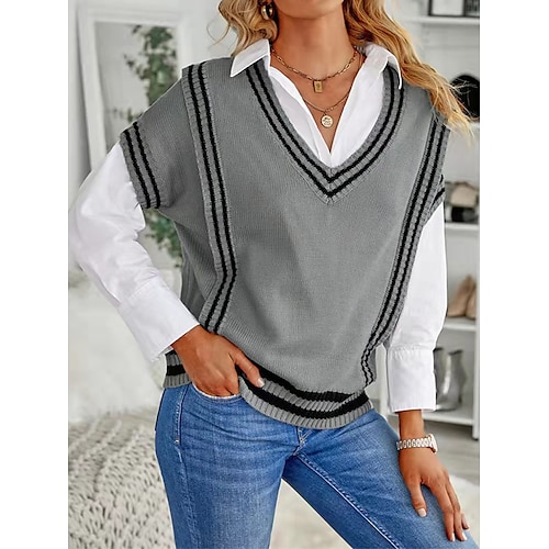 

Mujer Chaleco suéter Puente Estriado Tejer Regular Retazos A Rayas Escote en Pico Elegante Casual Exterior Diario Otoño Invierno Negro Caqui S M L