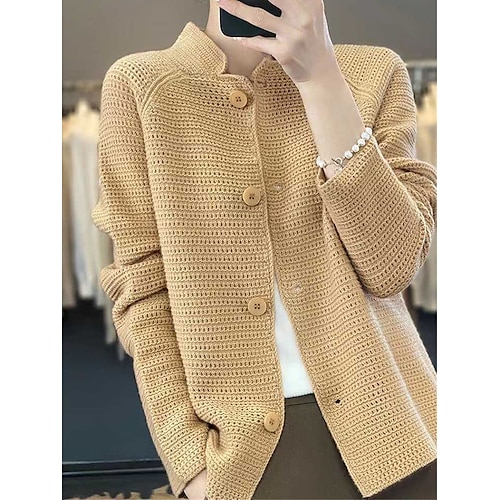 

Damen Strickjacke Ständer Gedrehtes Stricken Acryl Taste Strick Herbst Winter Standard Outdoor Täglich Ausgehen Modisch Strassenmode Brautkleider schlicht Langarm Feste Farbe Schwarz Weiß Kamel